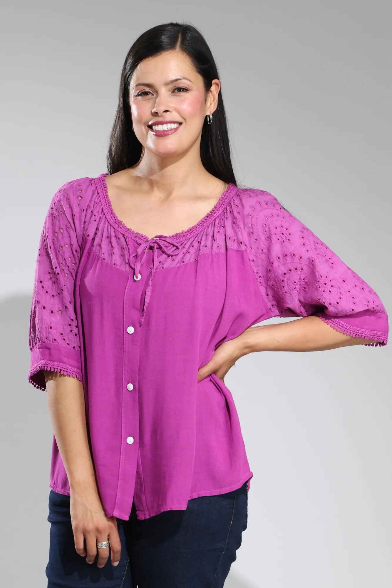 Made in Italy Broderie Anglaise Top | MAGENTA | 0307A1 EcoFriendly Material AntiPillingCloth