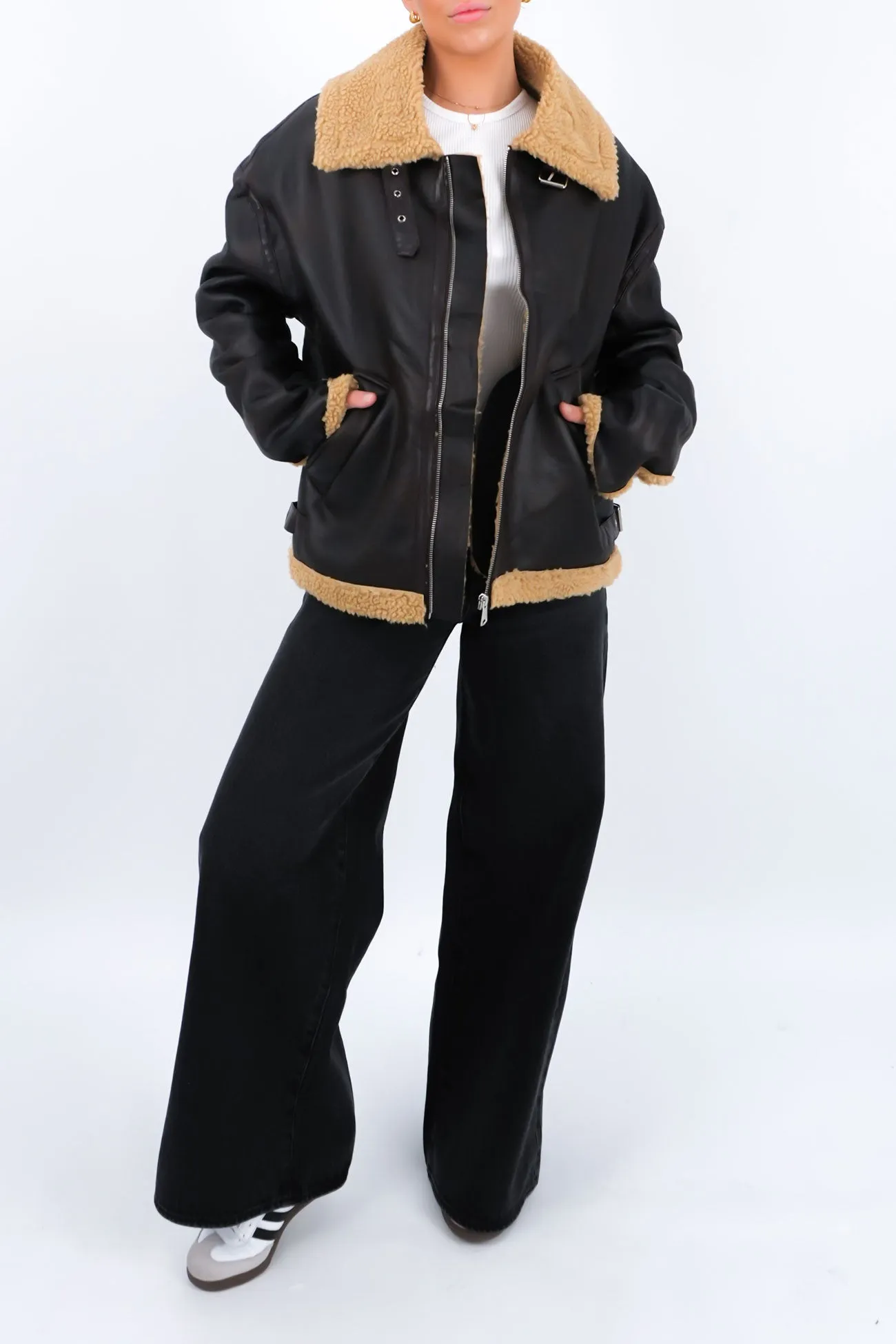 Lissy Pleather Aviator Jacket Brown Soft Lined Interior