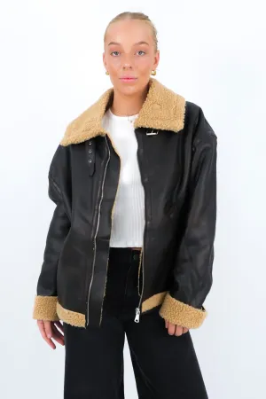 Cold Weather Gear Lissy Pleather Aviator Jacket Brown