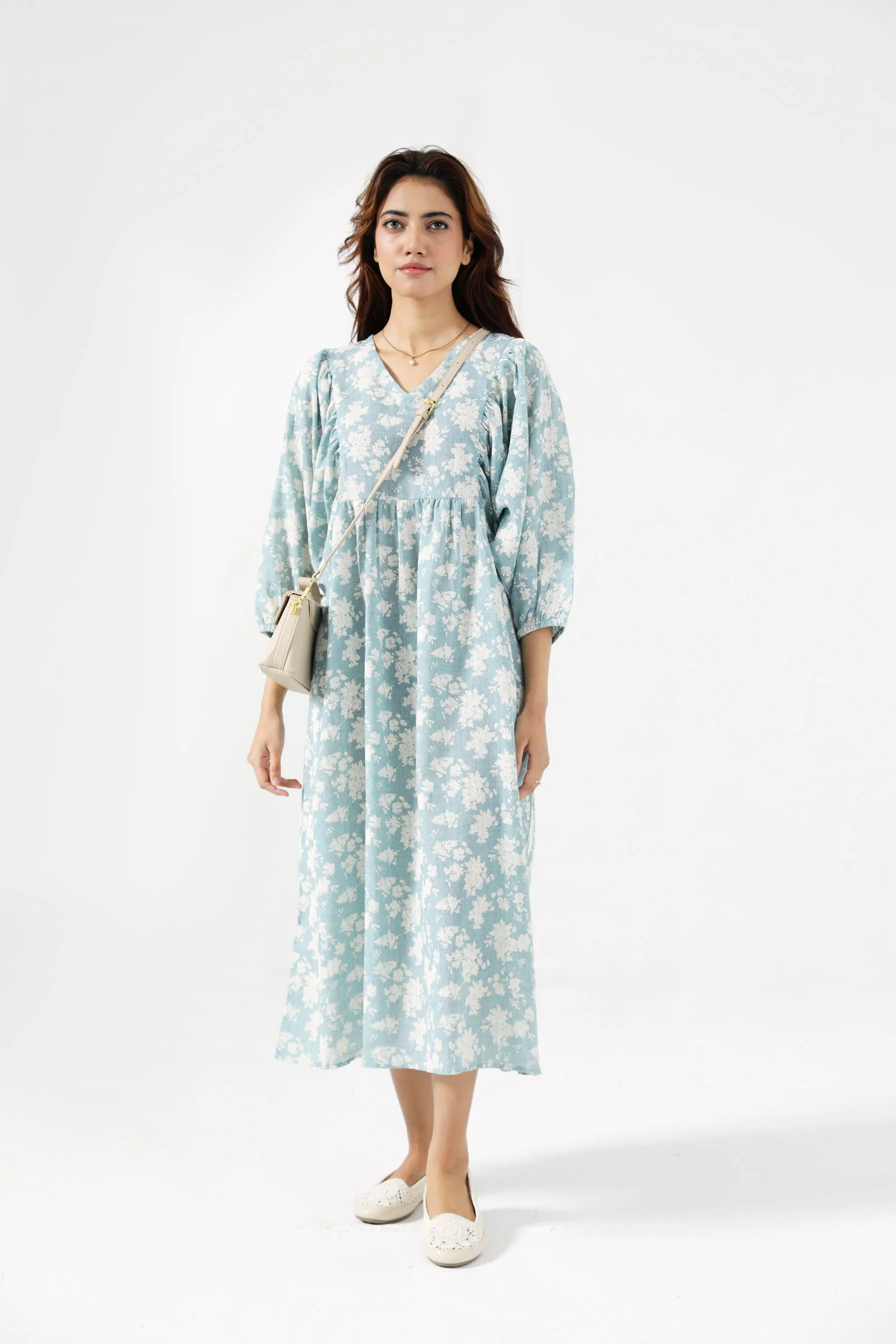 LONG DRESS WITH SLEEVE DETAIL WaterRepellentCoating Square Neck
