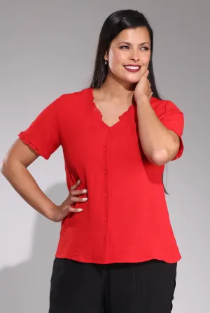 Short Sleeve Blouse | RED | 7361C1 Flattering Shape Wrinkle Resistant Finish