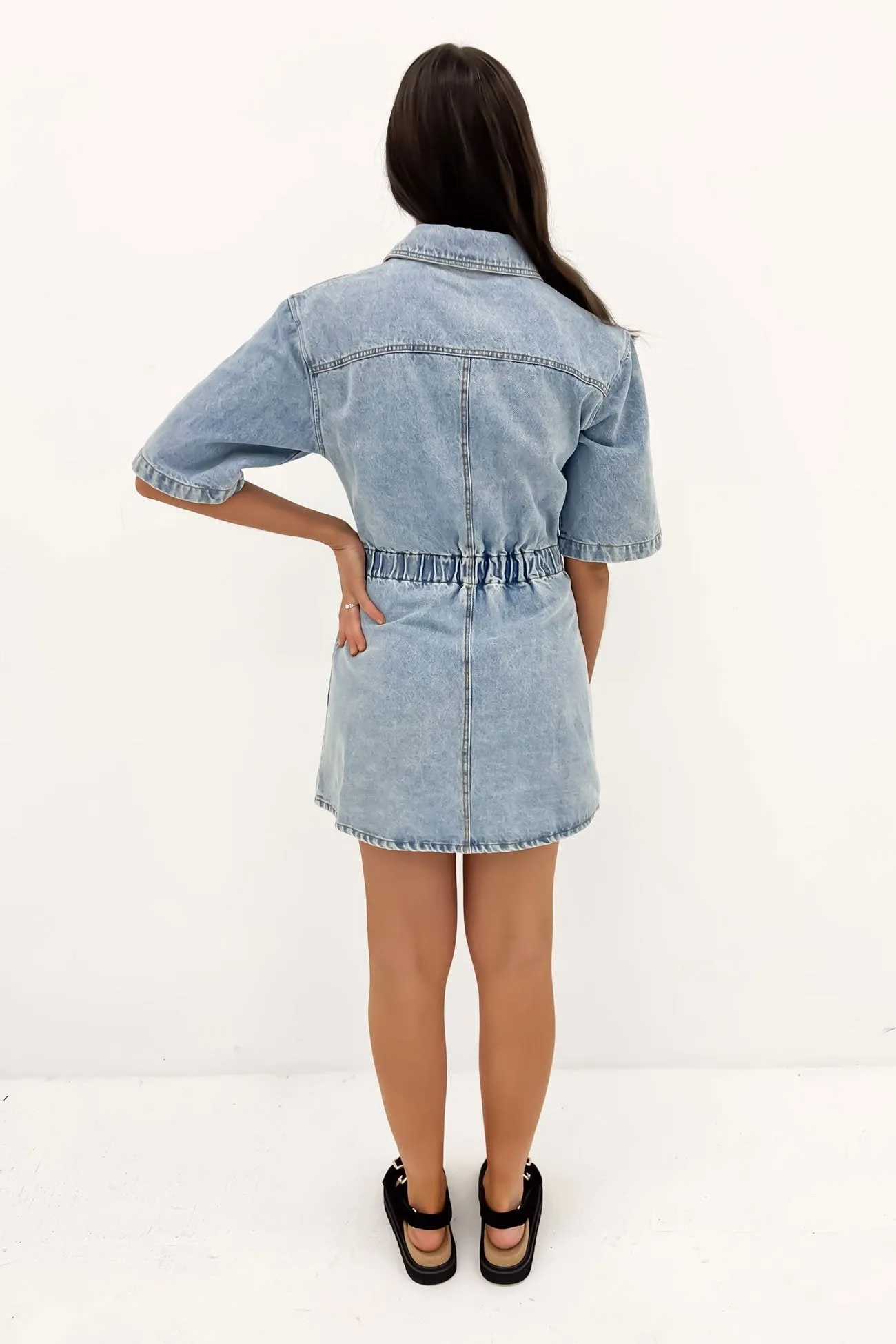 Emerson Denim Mini Dress Light Blue Sleek Texture Classic Comfort