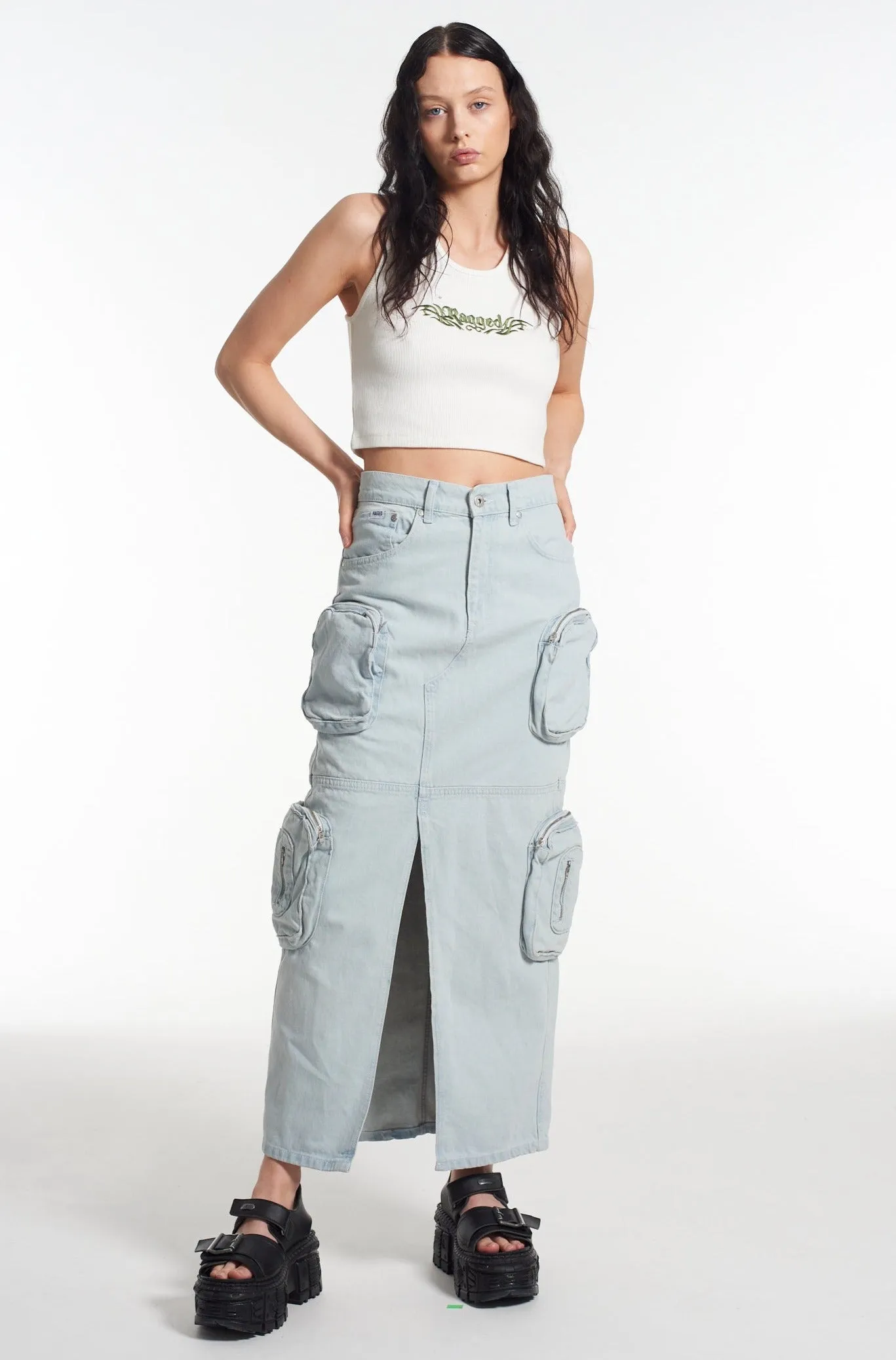 Statement Color Zip Combat Maxi Skirt Stonewash