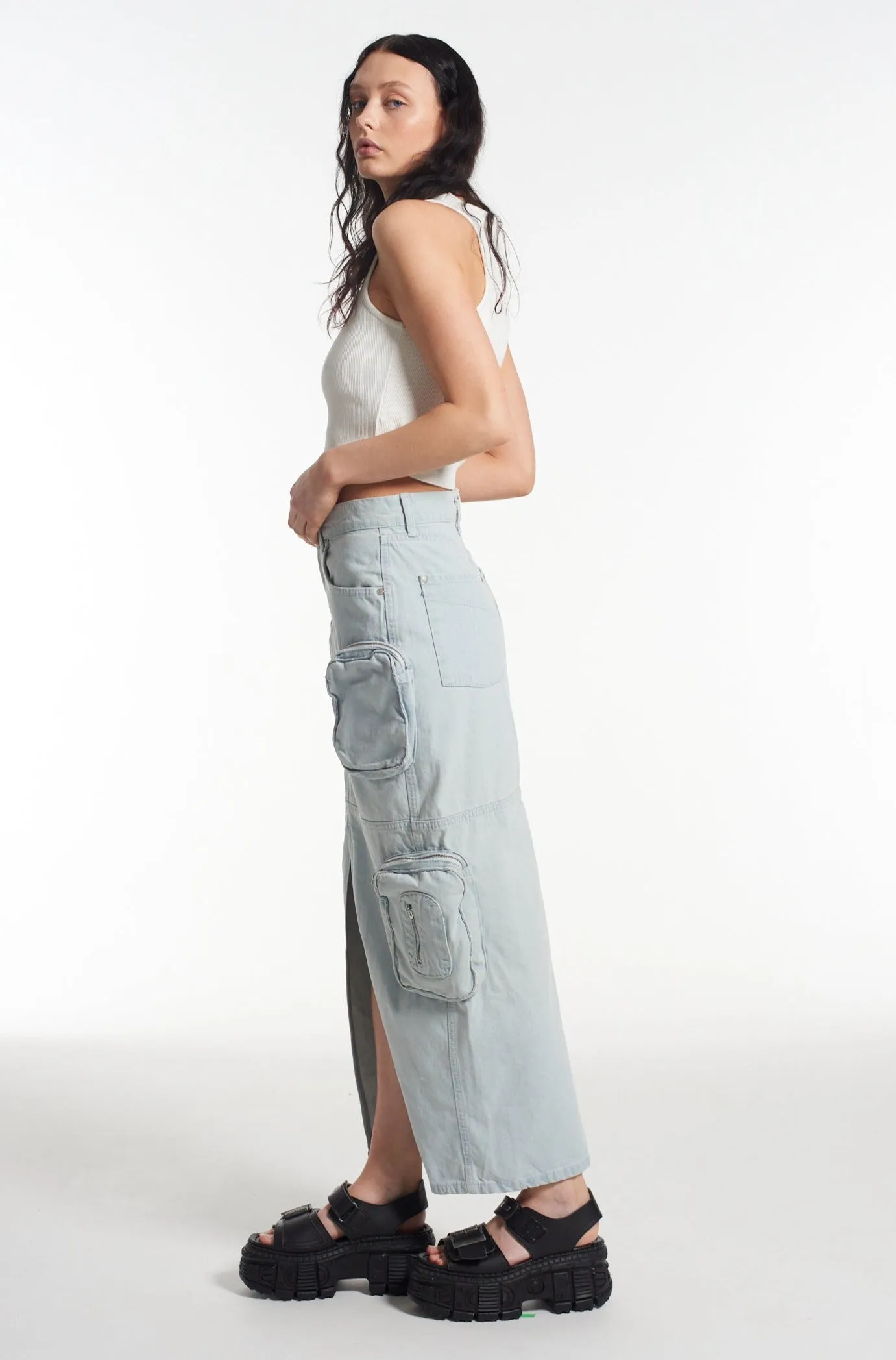 Zip Combat Maxi Skirt Stonewash Outfit Display Chic Look