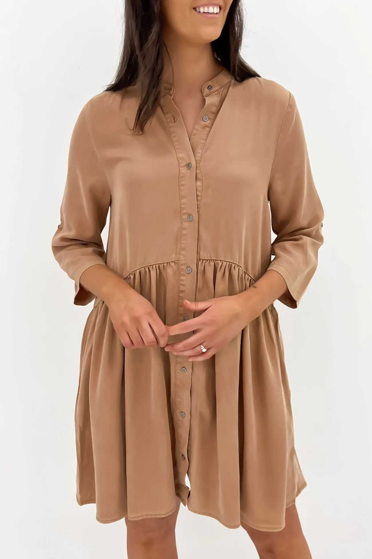 Willow Shirt Dress Tan Smart Tailoring Comfortable Waist Design Fit