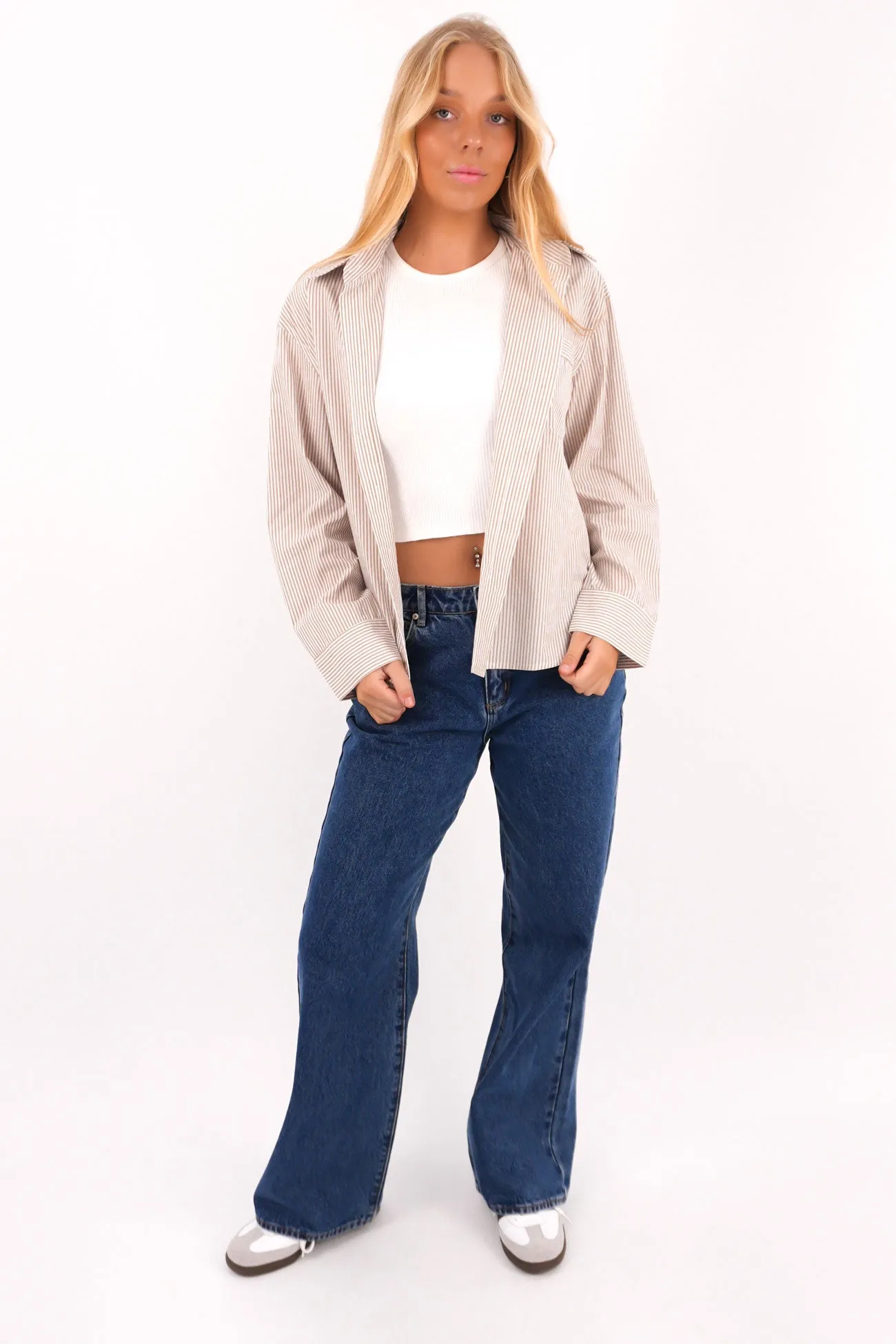 Brushed Interior Lining TemperatureControl Fabric Lydia Shirt Mocha Stripe