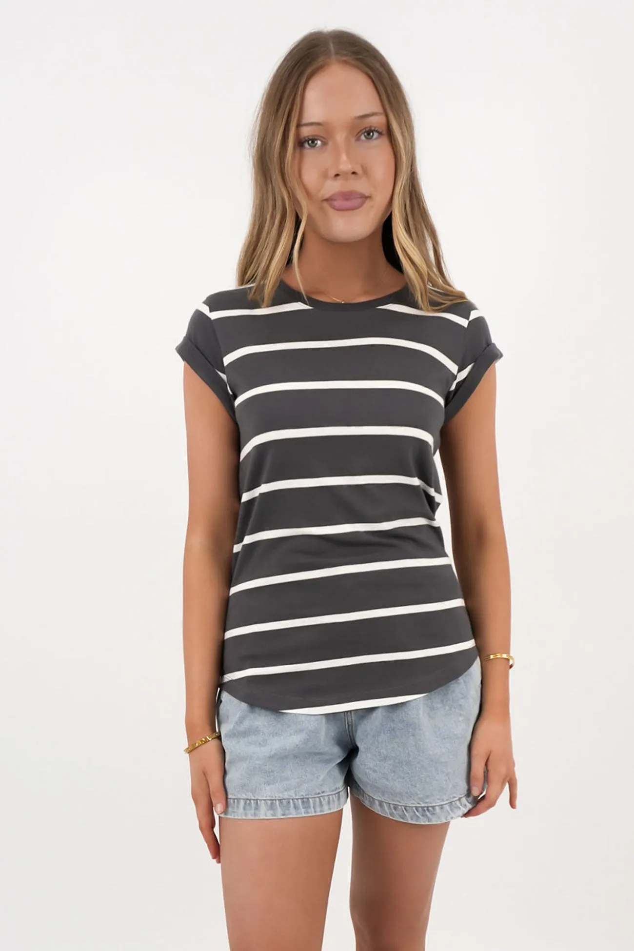 Light Fashion Comfort Fit Manly Stripe Tee Charcoal White