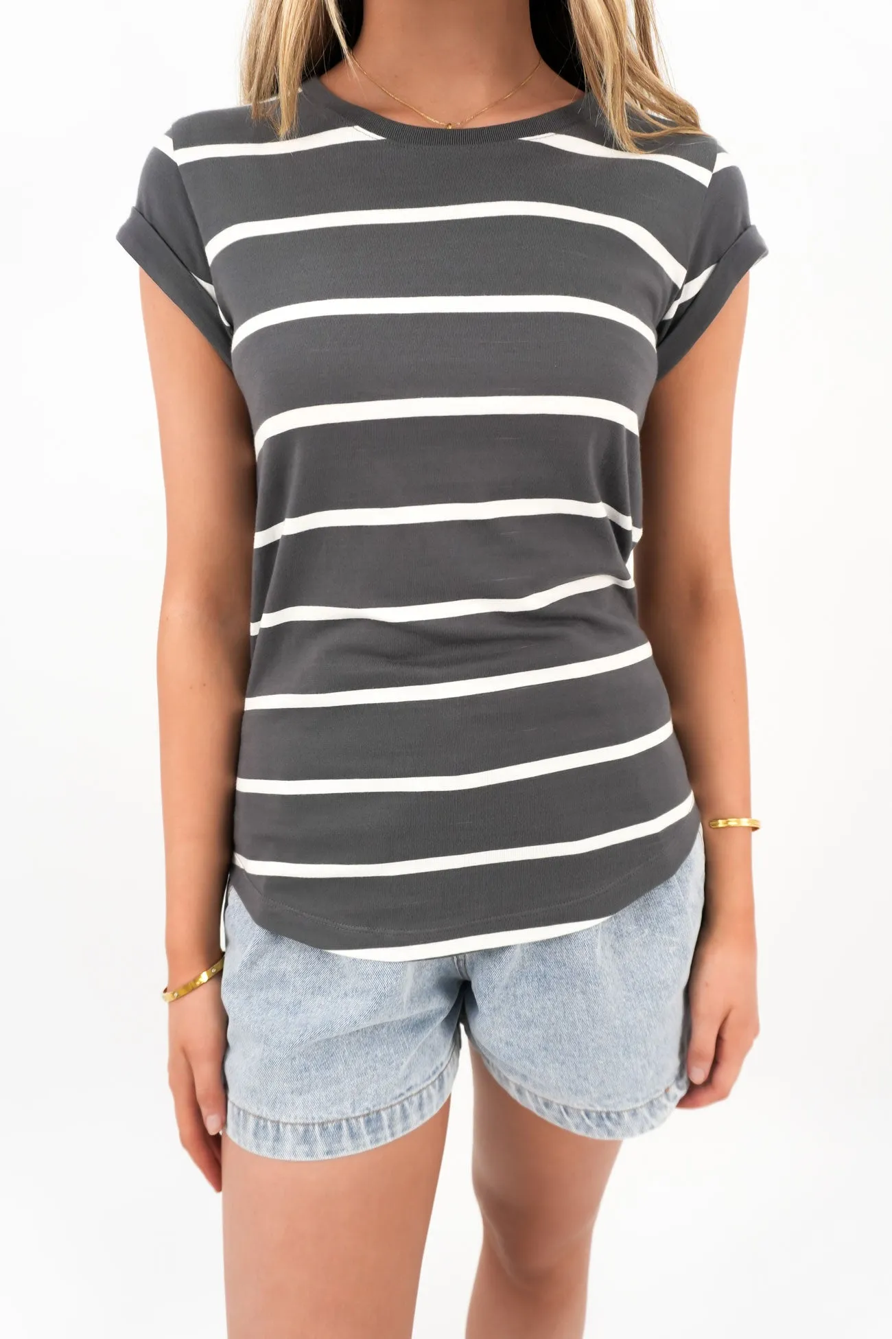 Manly Stripe Tee Charcoal White Ethically Sourced Materials Colorfast Dye
