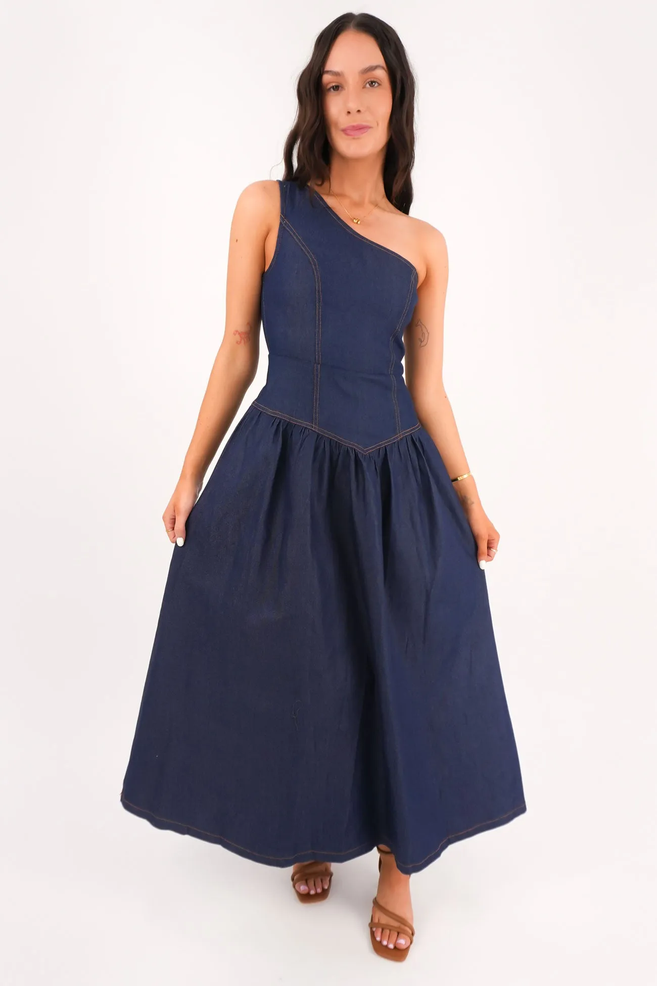 Mario Denim Midi Dress Dark Blue Flattering Lines