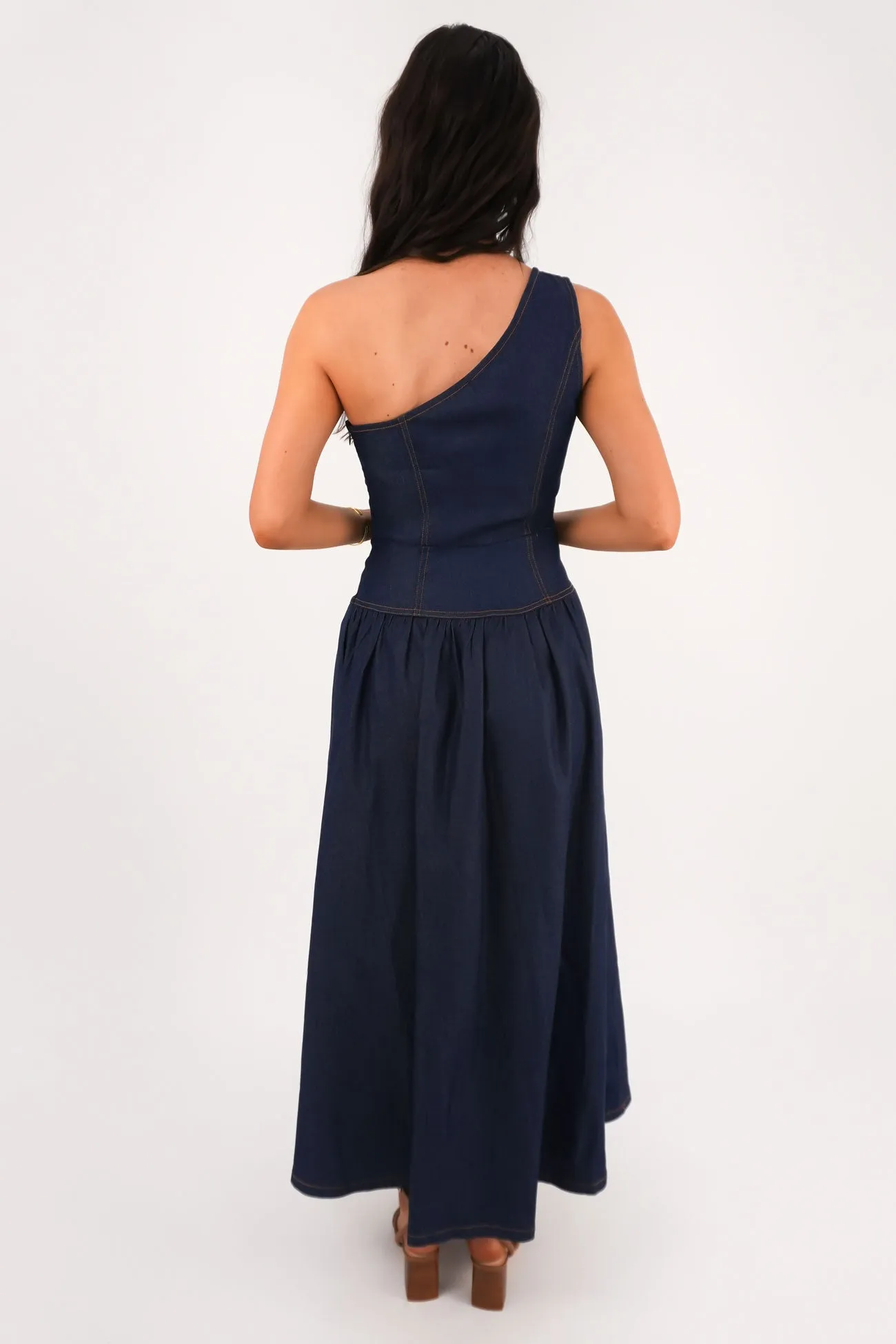 Elegant Mature Feminine Style Mario Denim Midi Dress Dark Blue