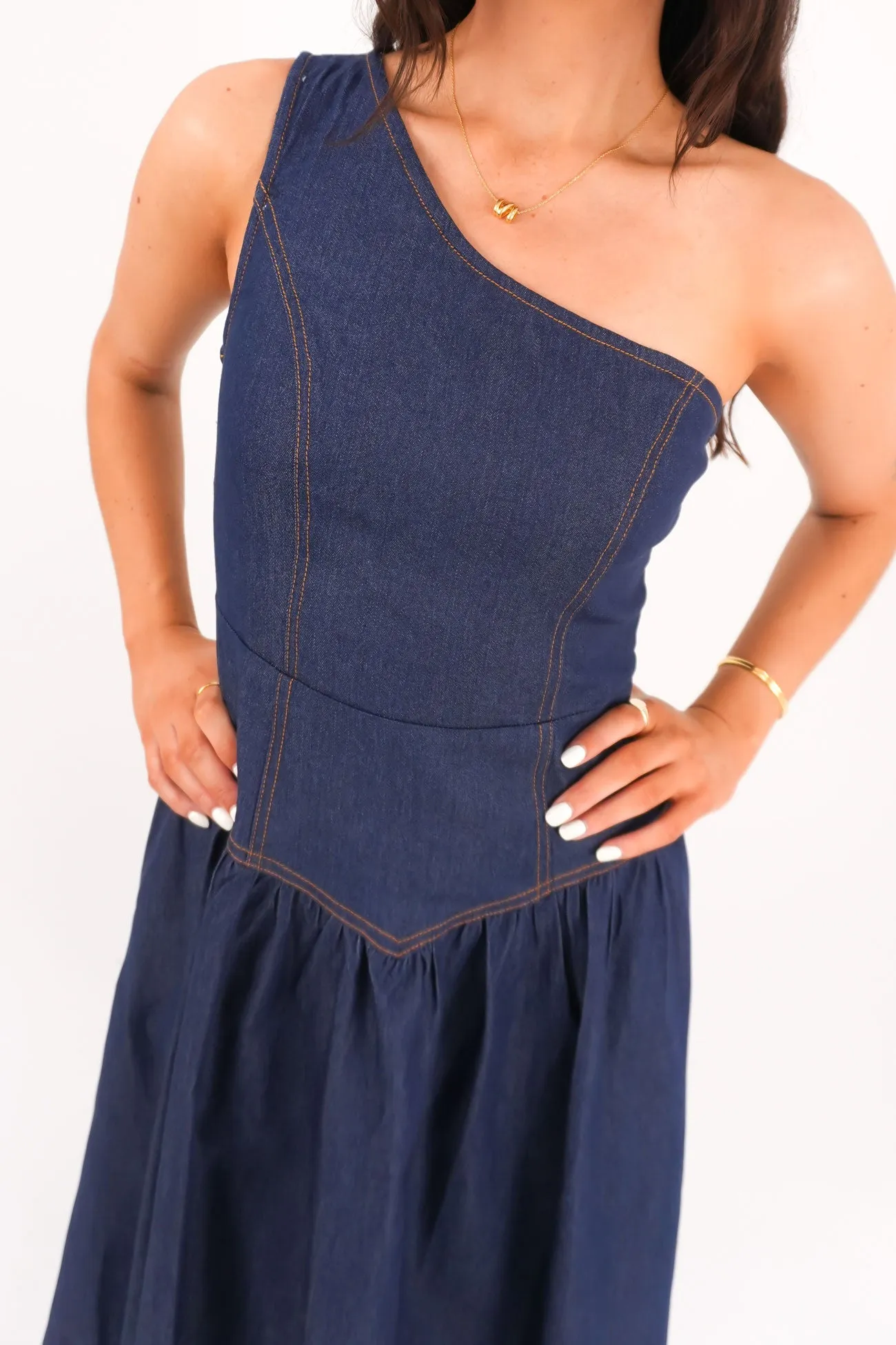 Mario Denim Midi Dress Dark Blue Chic Statement packable