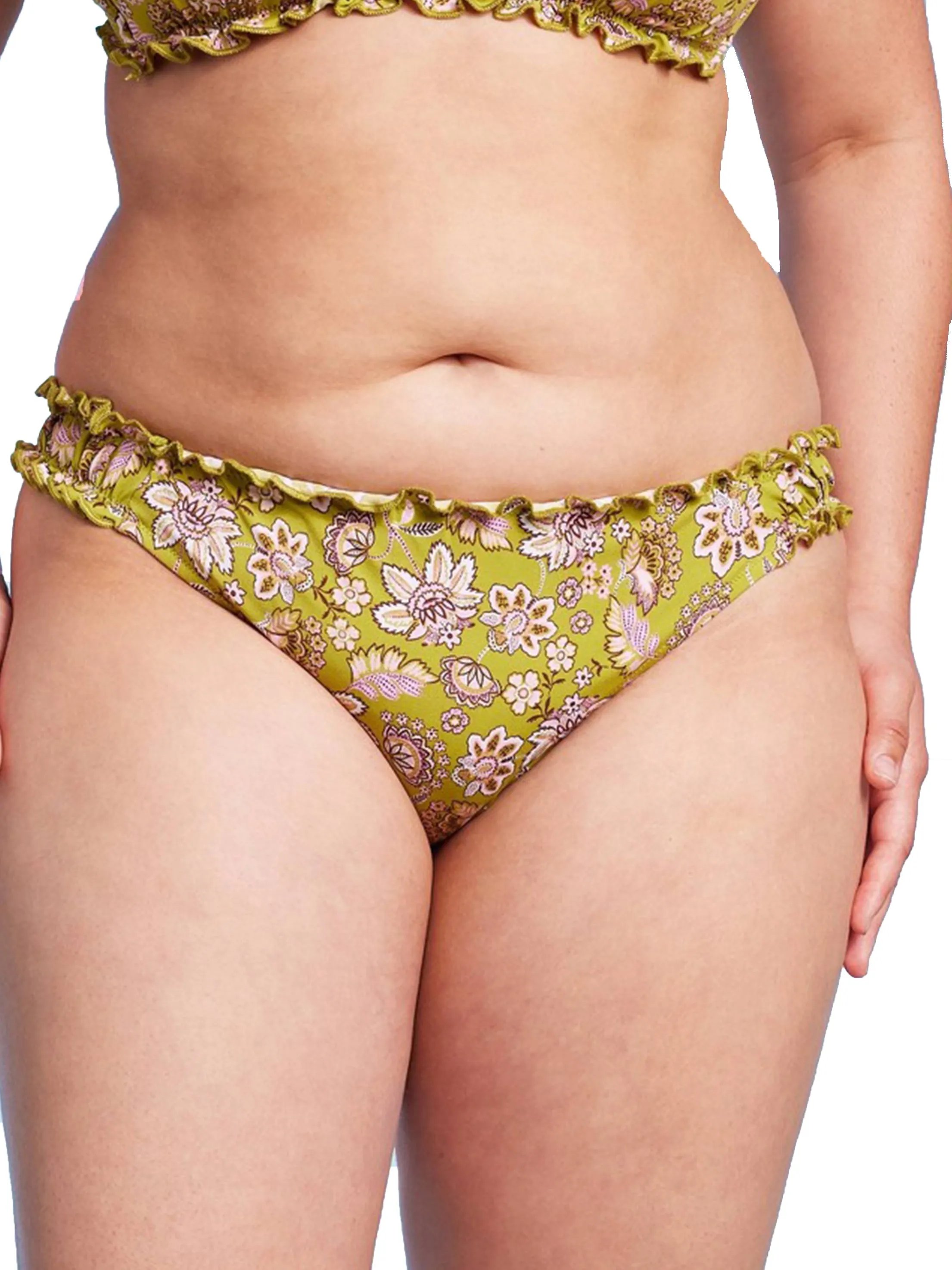 Women's Ruffle Detail Floral Printed Bikini Bottom,Green Low Profile Padding Lightweight Layering