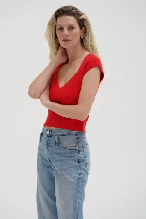 Millie Cap Sleeve Sweater - Red WaffleKnit Texture Warm Outfit