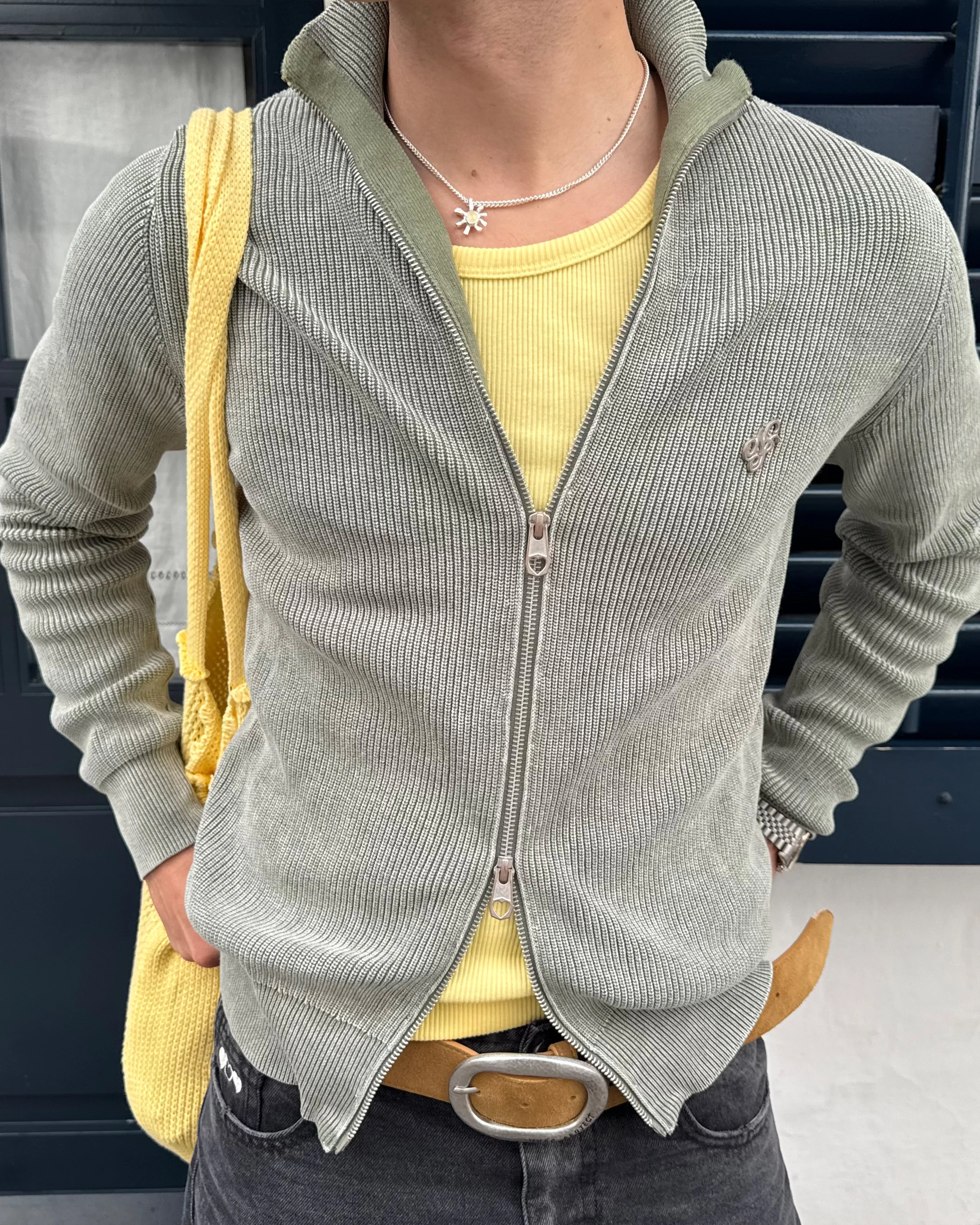 Soft touch finish Daily Layered Shady Zip-Up Knit Cardigan Green