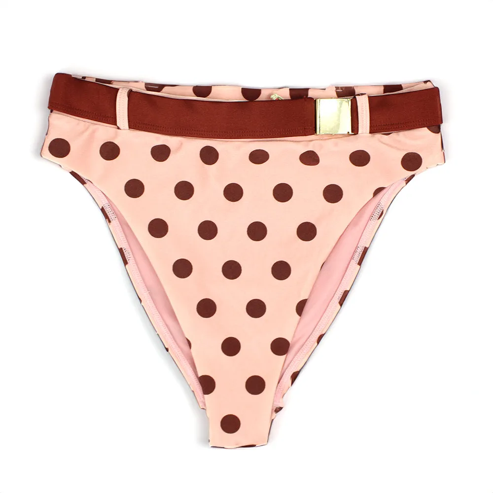Water Resistant Lining Women's Belted Polka Dots High Waist Bikini Bottom,Pink