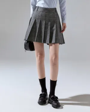 Mid Pleated Flare Checkered Skirt Sturdy Waistband Minimalist Layering