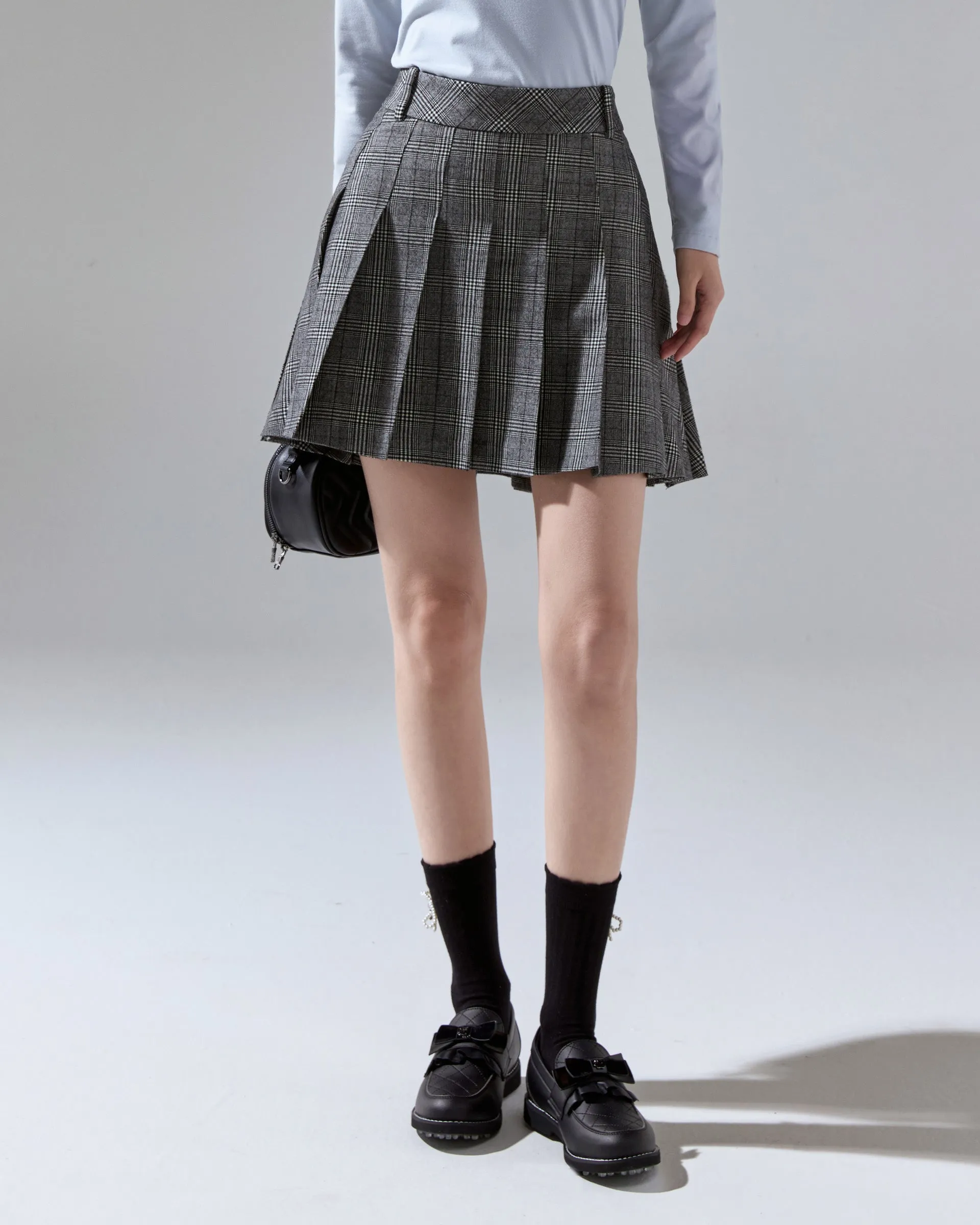 Mid Pleated Flare Checkered Skirt Sturdy Waistband Minimalist Layering