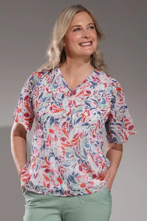 Mini pleat printed Chiffon Top | Indigo Lilac Leaf | 8572A1 Island Vibe