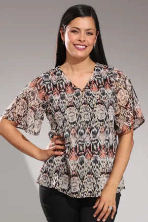 Modern Fashion summer shorts Mini pleat printed Chiffon Top | Natural Coral Aztec | 8572A1