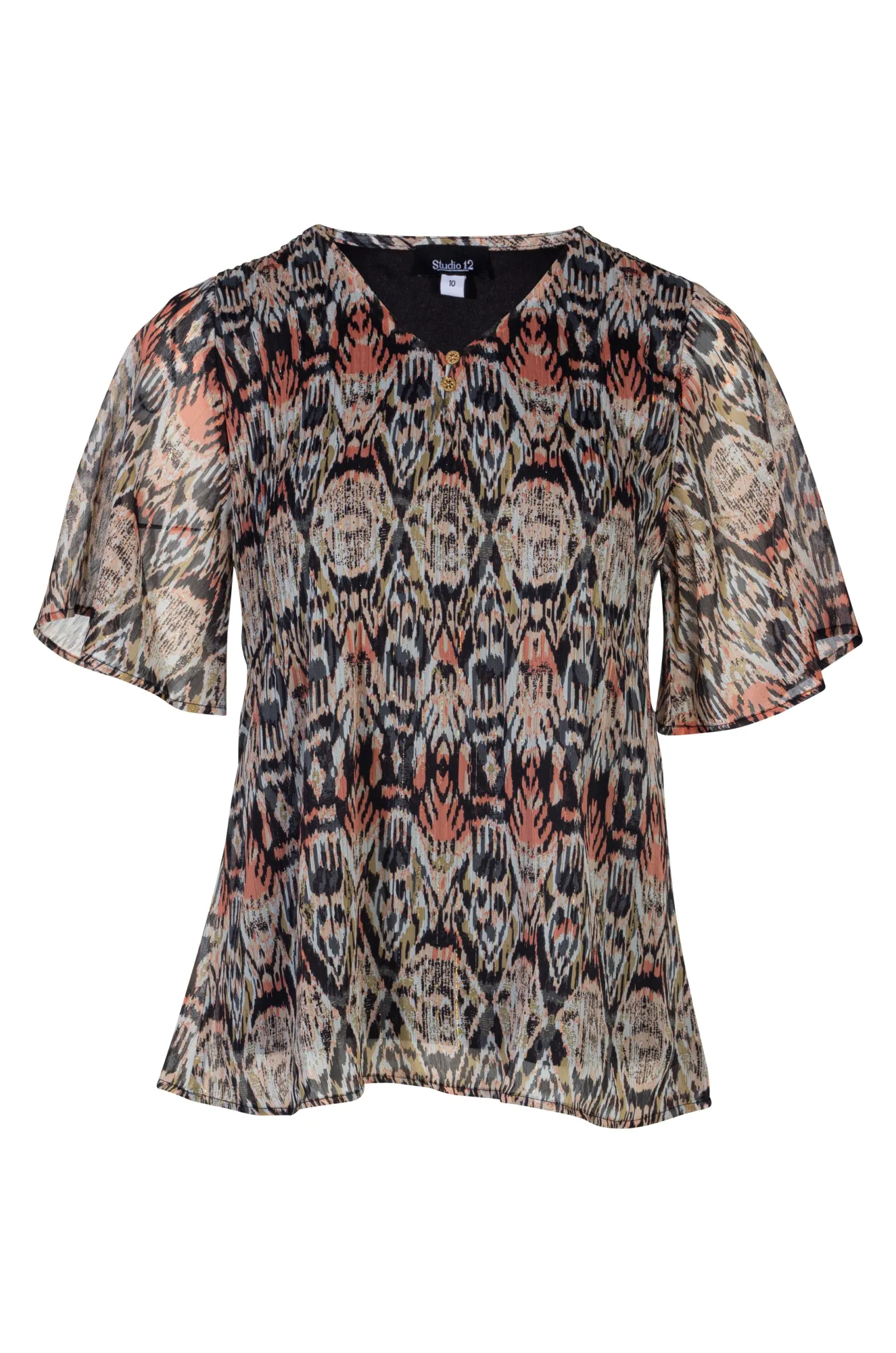 Cozy Robe Mini pleat printed Chiffon Top | Natural Coral Aztec | 8572A1