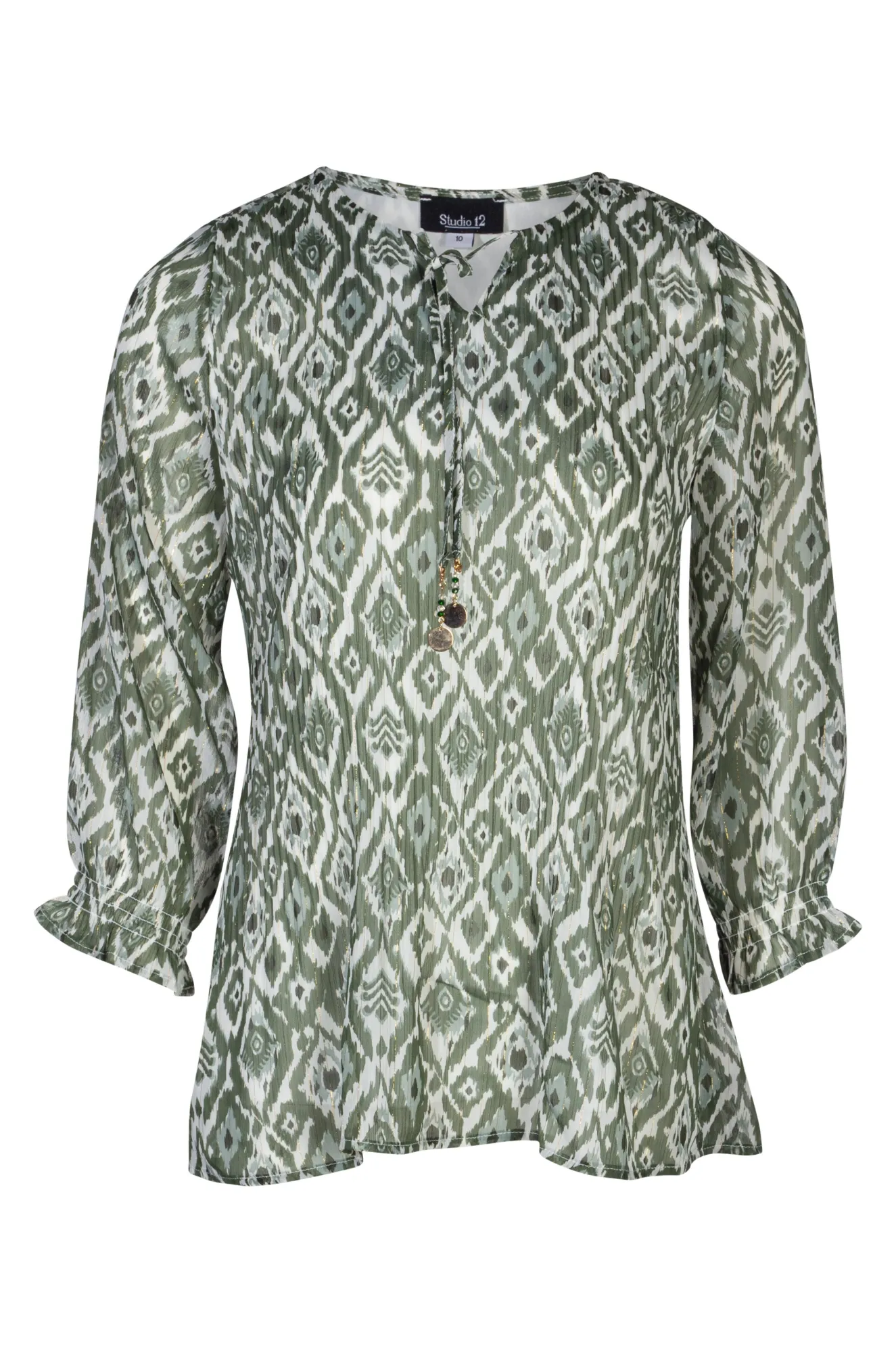 Colorfast Technology SeamlessTransition Mini pleat printed Chiffon Top | Sage Ivory Diamonds | 8571A1