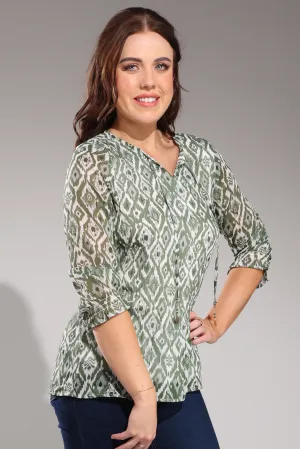 NonSlipGrip Mini pleat printed Chiffon Top | Sage Ivory Diamonds | 8571A1