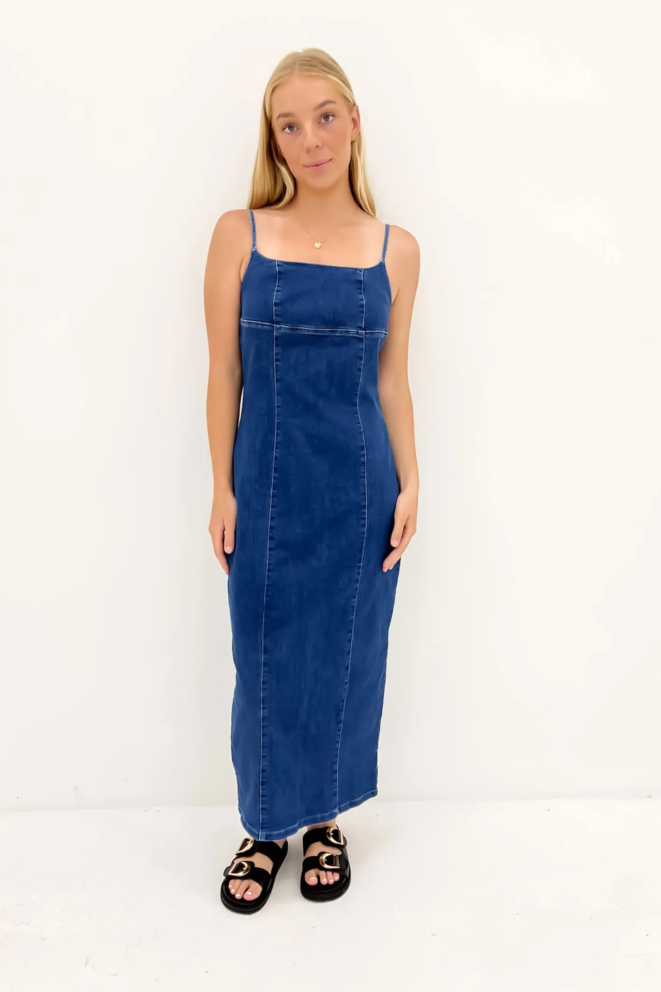 Crinkle Effect Romy Denim Midi Dress Indigo