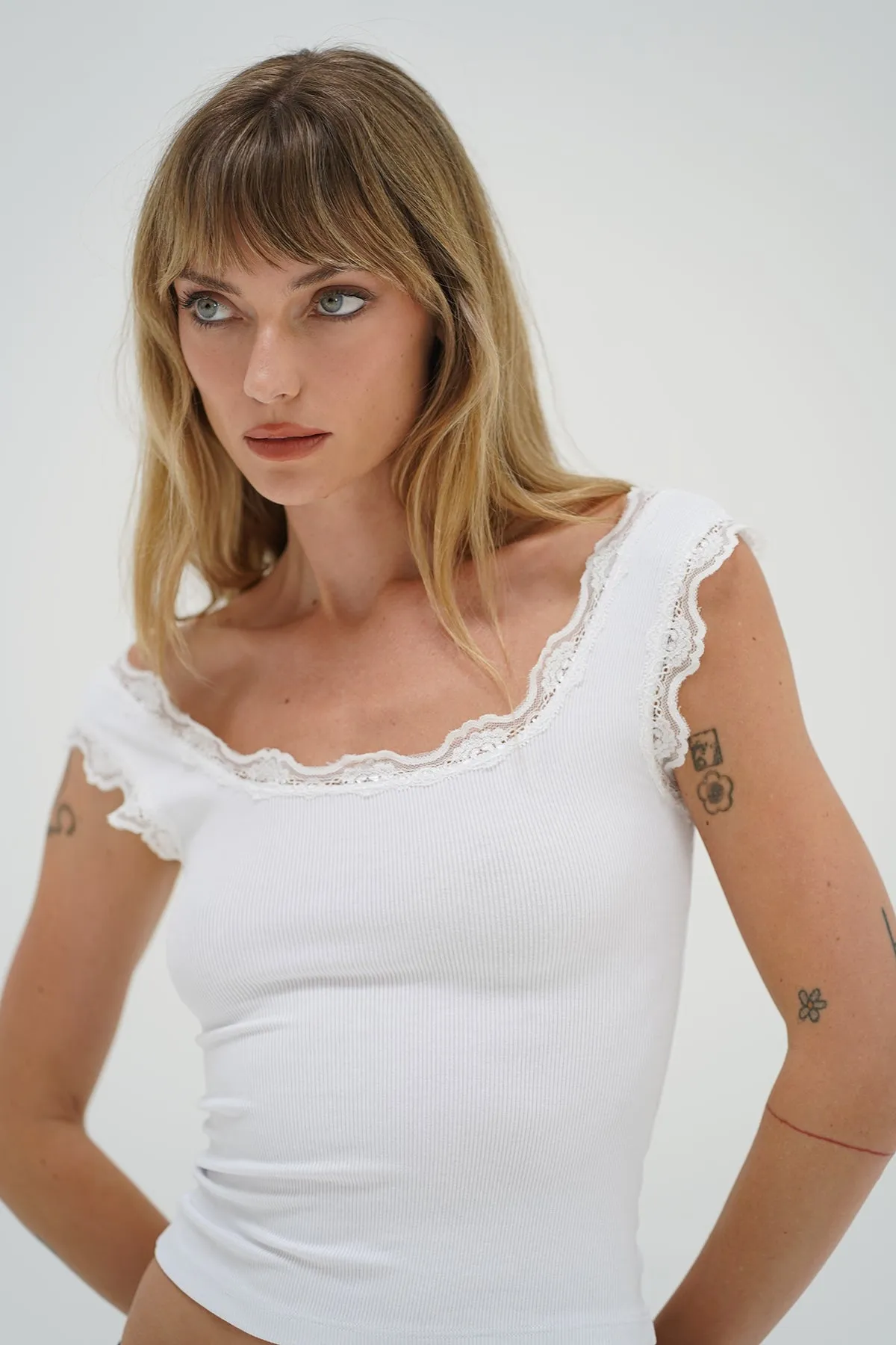 Luxury Apparel Cassidy Lace Ribbed Tank - White