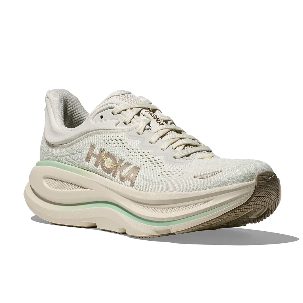 Womens Hoka Bondi 9 Wide in Truffle Salt/Sea Glass Reflective accents