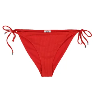 Women's Ribbed Tie-Side Bikini Bottom,Red Opaque Lining Four Way Stretch