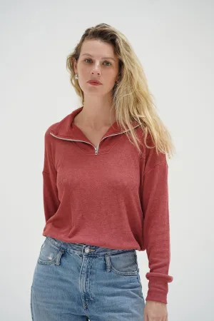 Carter Half Zip - Washed Brick Gentle Tone Overlock Edge Finish