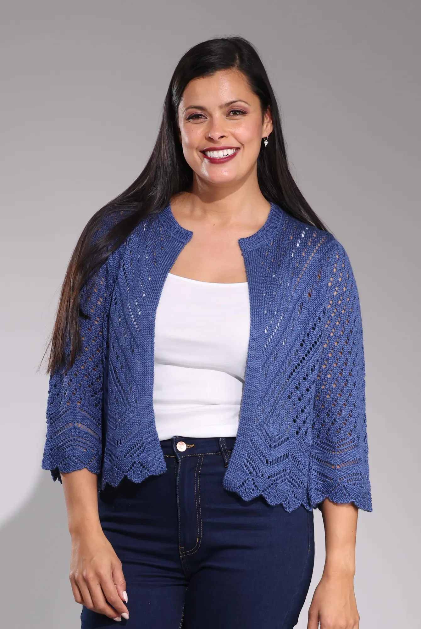 Trendy Sweatpants Bold Fashion Crochet Knit Cardigan | Coastal Blue | 0013C1