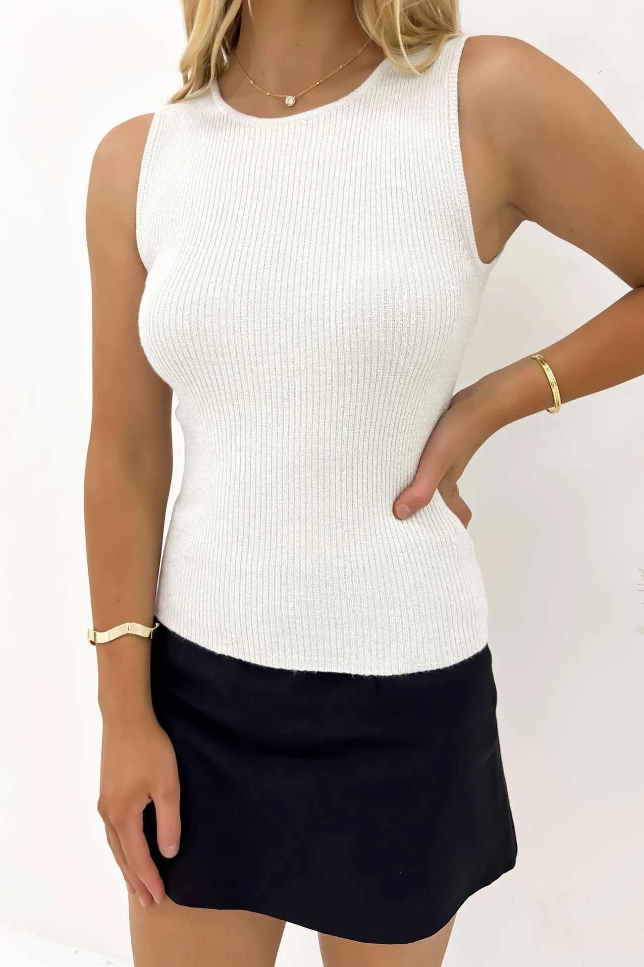 Tessa Metallic Knit Tank Vintage White Peace Core