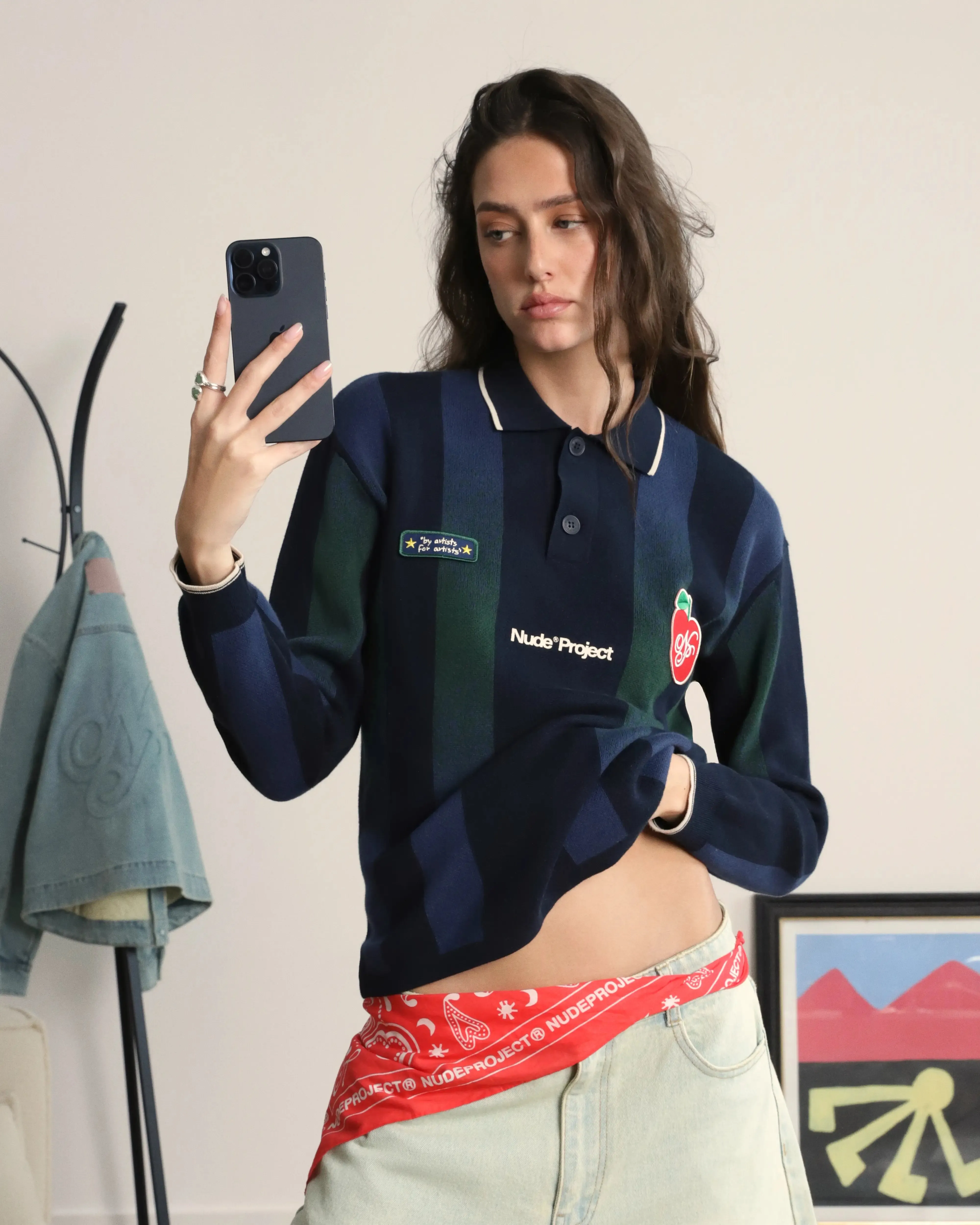 Low Impact Dye Vizcaya Football Polo Knit Navy Blue