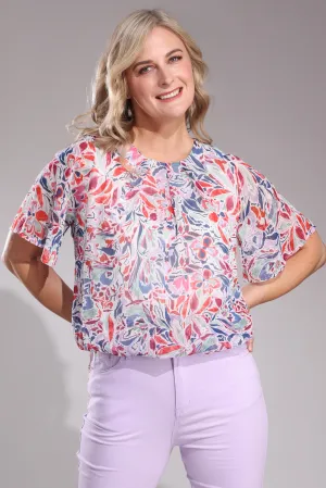 Printed Chiffon Top | Indigo Lilac Leaf | 8553A1 Aura Core Sunset Scene