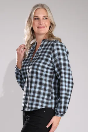 Flexible Neckband Modern Layer Nehru collar Country Checks Shirt | Sky Black Check | 6355B1