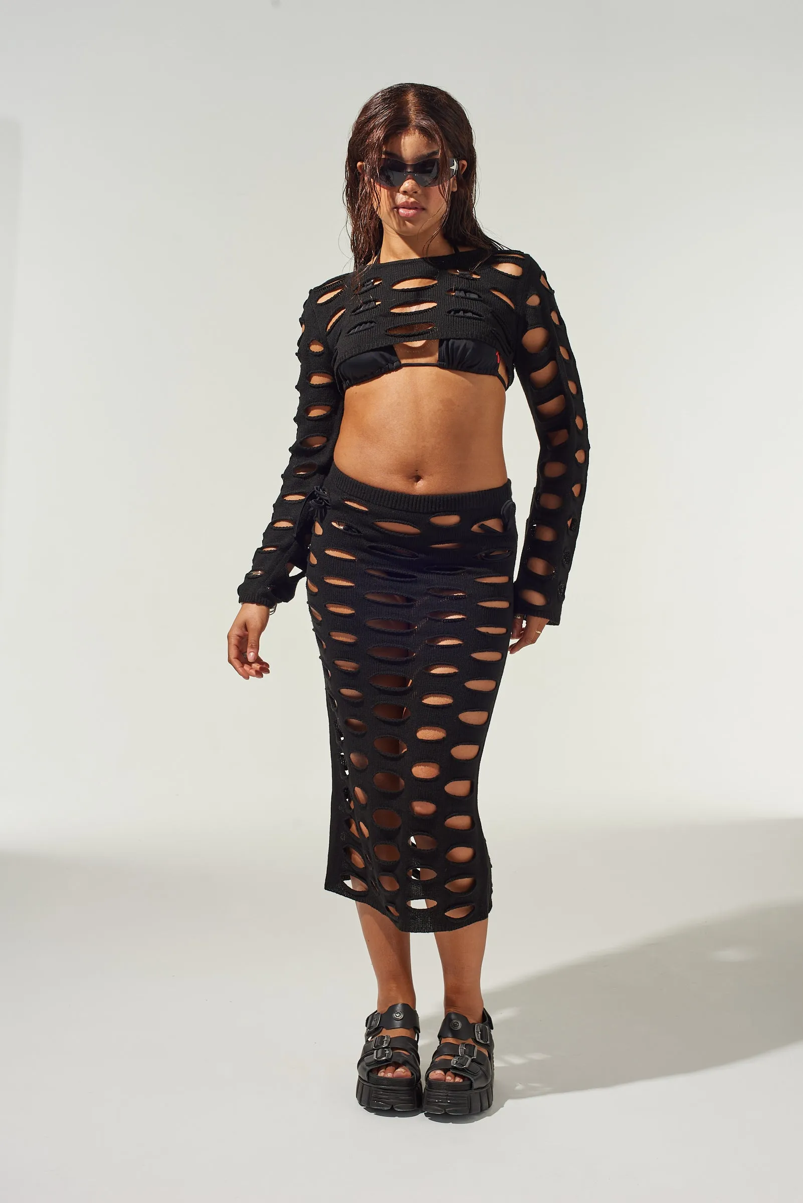 Chic Fit Nightfall Open Knit Midi Skirt