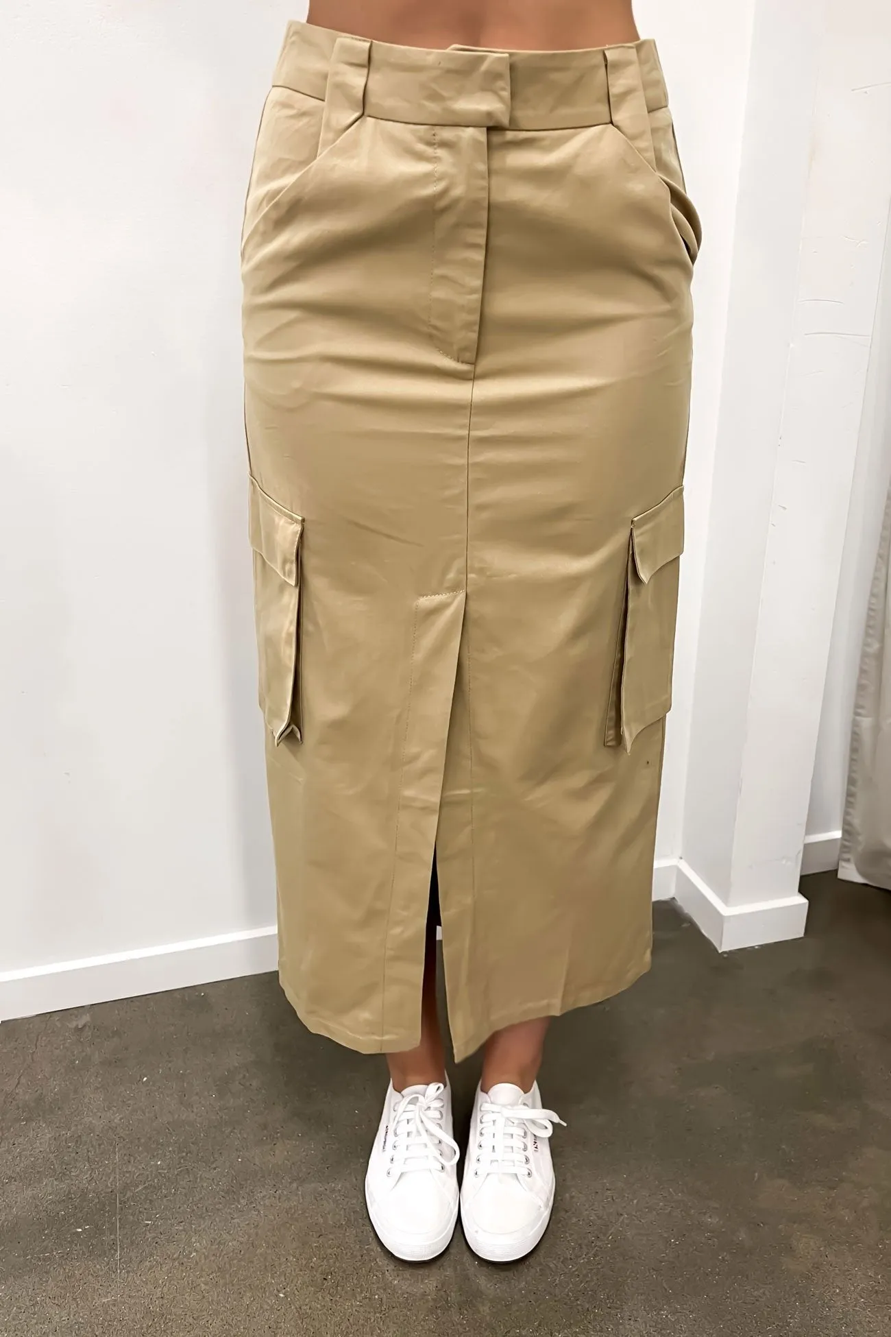 Beach Day Nikita Cargo Midi Skirt Latte