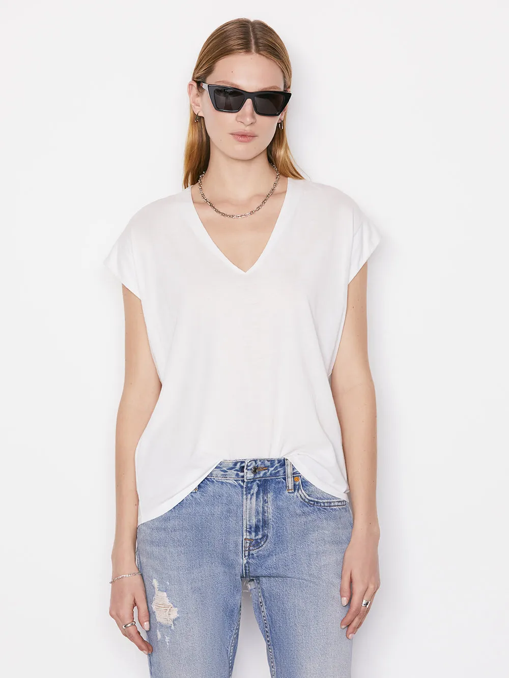 All-Season Comfort Comfy Essentials Le Mid Rise V Neck Tee -- Blanc