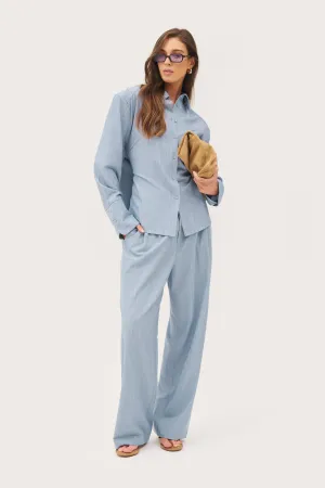 Chill Mode Fit Trendy Look Pinstripe Oversized Shirt - Washed Blue