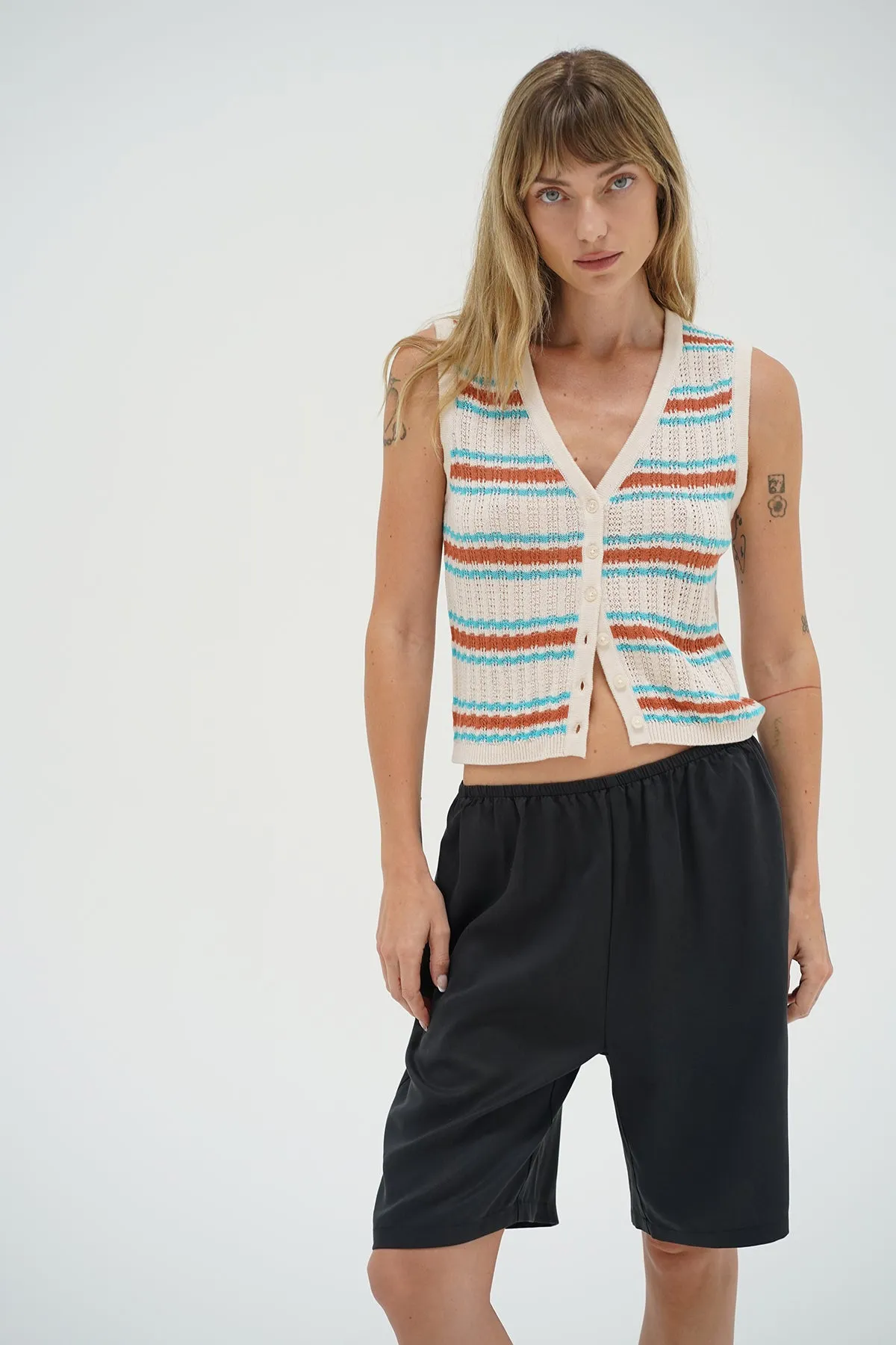 Lou Sleeveless Cardigan - Sedona Stripe Temperature control