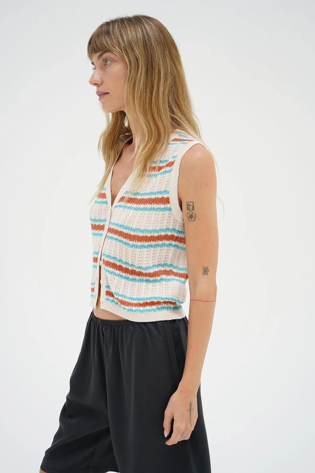 Lou Sleeveless Cardigan - Sedona Stripe Machine Washable Design