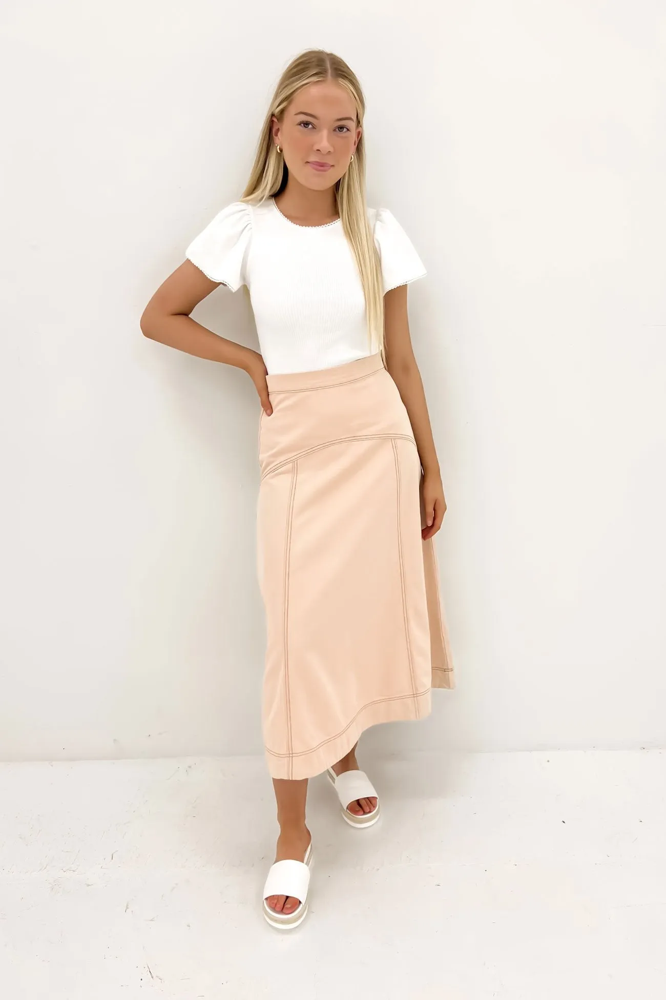 Year Round Style Media Feature Mikayla Denim Midi Skirt Sand