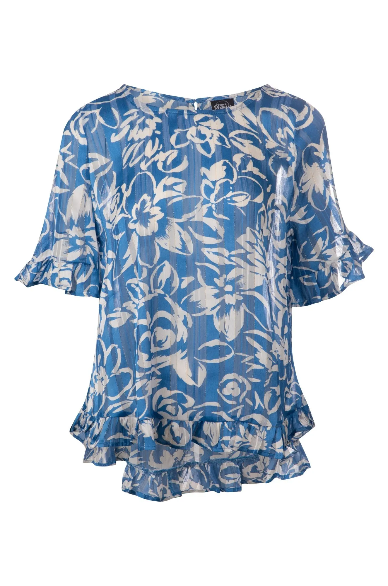 Hi low hemline Ribbon Chiffon Top | Sky White Flower | 7124A1 Fame Glow AntiPillFinish