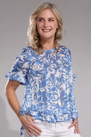 Wind Block EcoFriendlyDye Hi low hemline Ribbon Chiffon Top | Sky White Flower | 7124A1