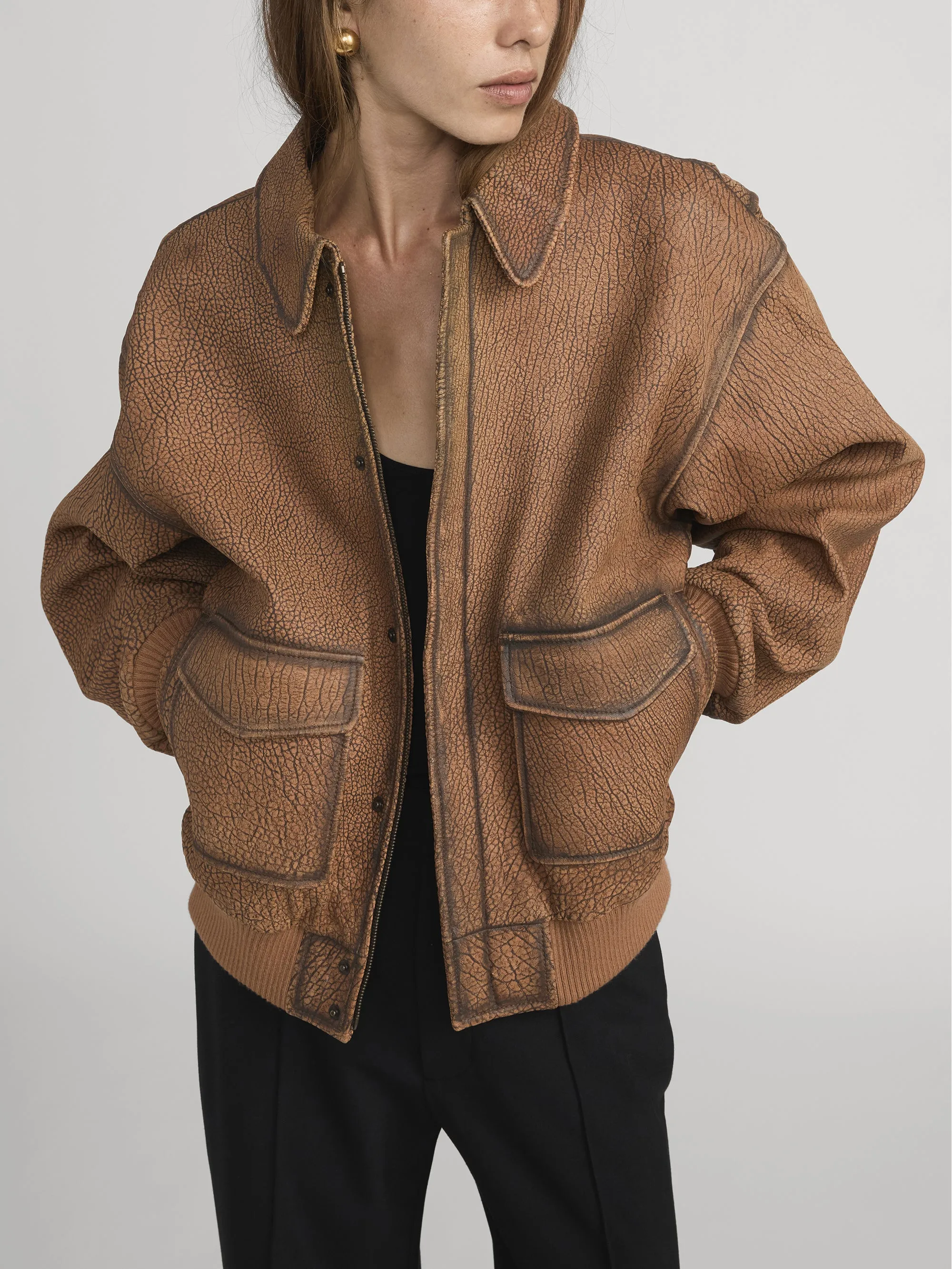 Down Stuffed The Distressed Leather Jacket -- Dark Camel