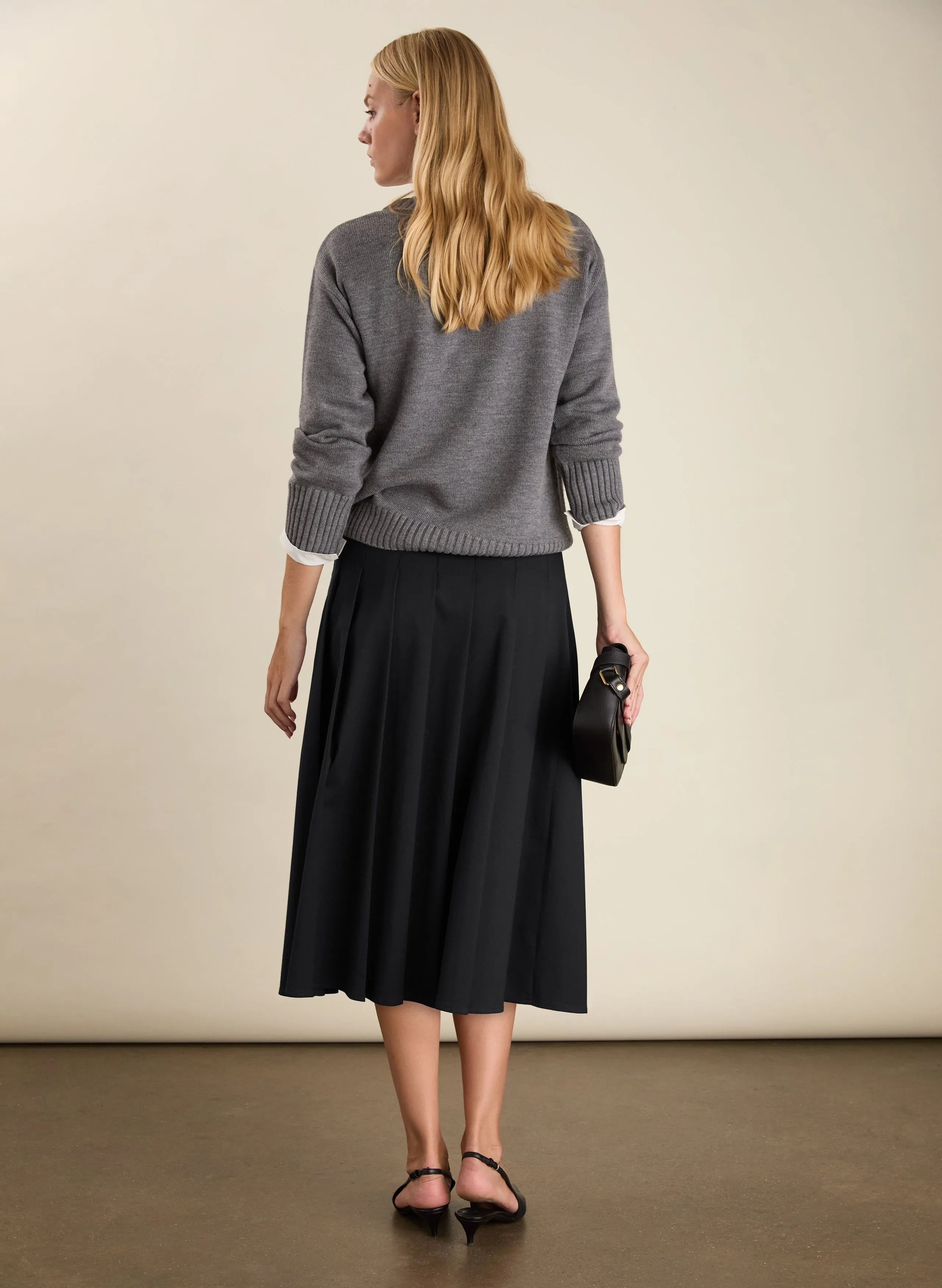 Chill Vibe Modern Combo Pam?Wool Blend Pleated Midi Skirt