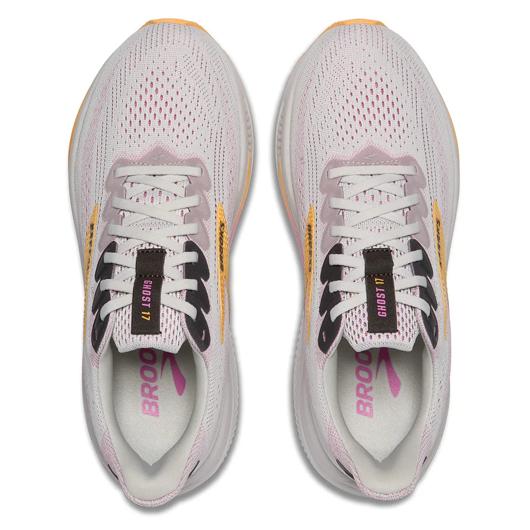 Womens Brooks Running Ghost 17 in Oyster/Apricot/Pink Microtextured Grip Surface Lace-up