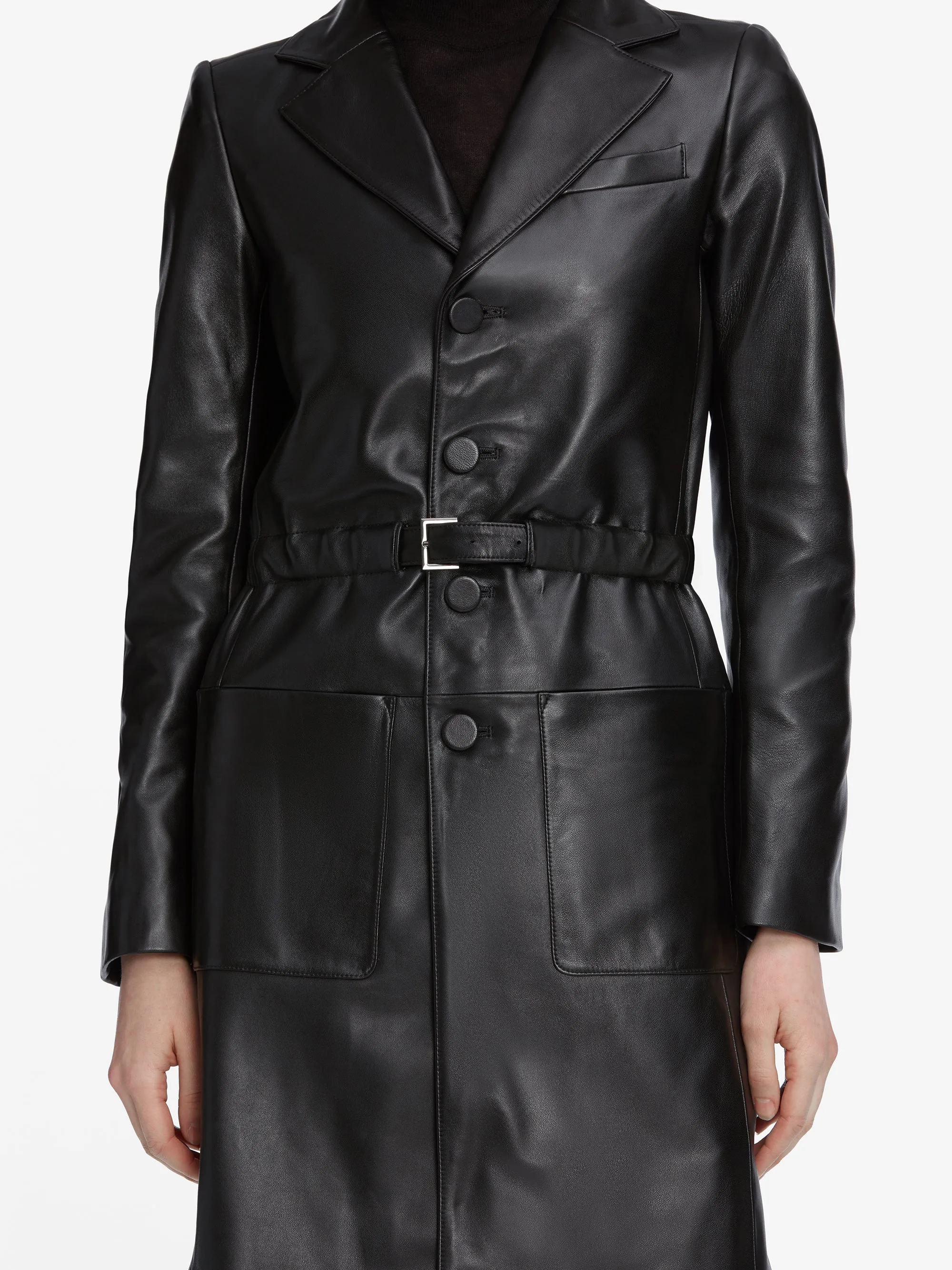 AbrasionResistantEdging HeatReflectiveLining The Long Leather Belted Jacket -- Black