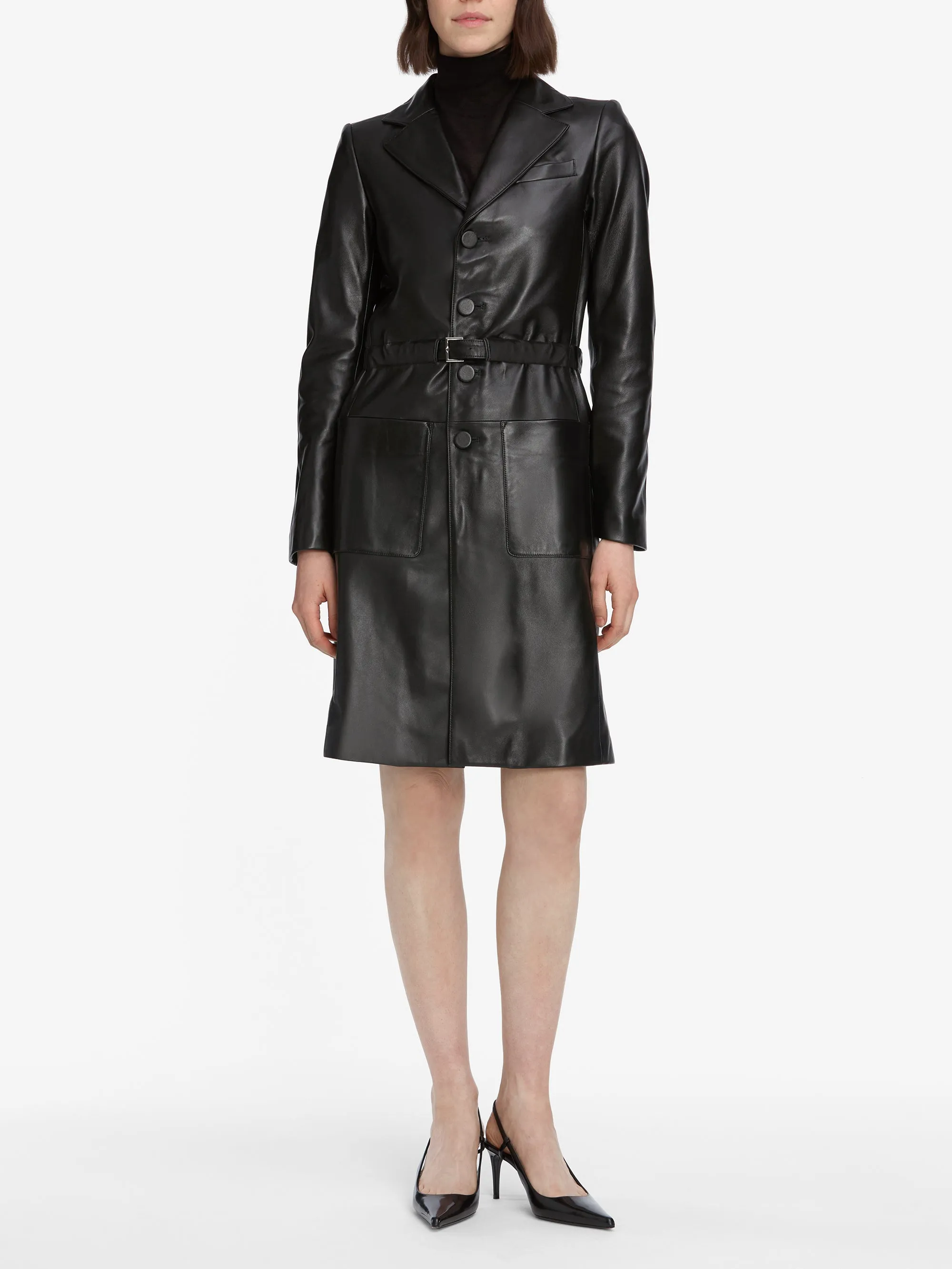 The Long Leather Belted Jacket -- Black Insulated Layer